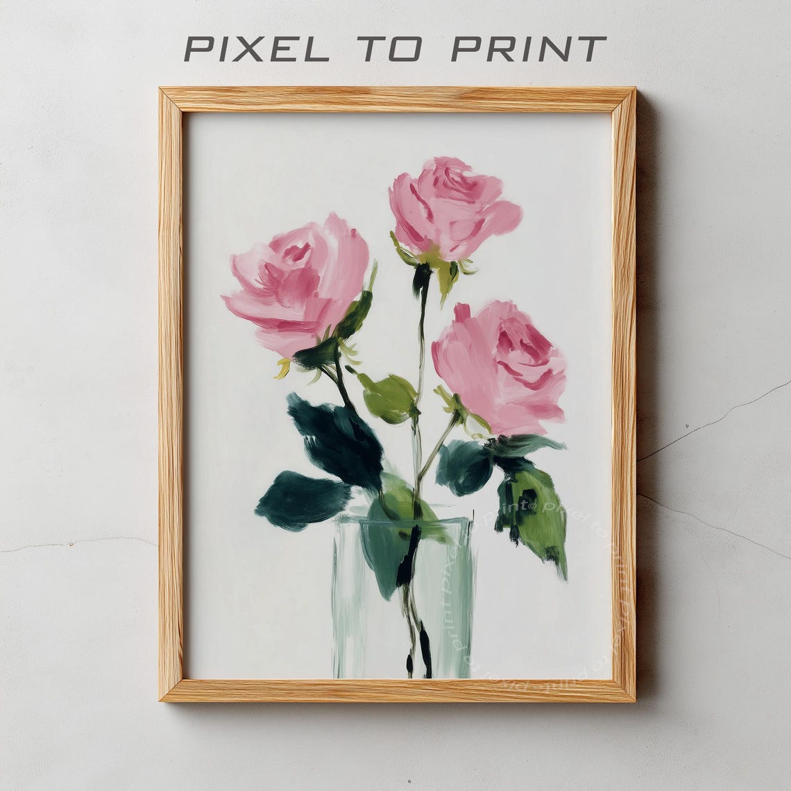 Pink Roses in Glass Vase Watercolor Soft Botanical Floral Art Poster