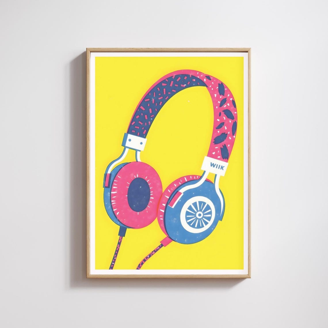 Colorful Chunky Retro Headphones on Yellow 1980s Pop Art Poster