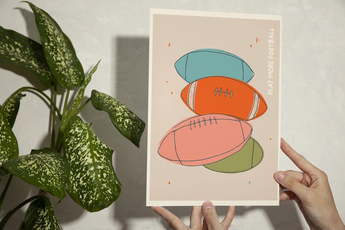 Stacked Pastel Footballs Play More Football Sports Room Decor Poster