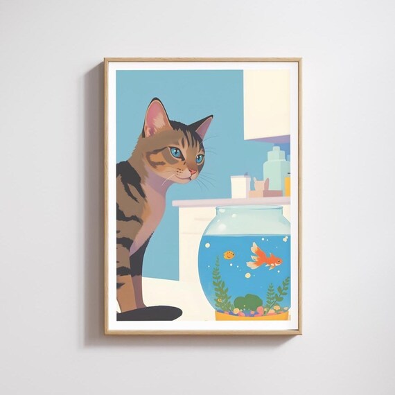 Cat Fish Art, Modern Cat Poster