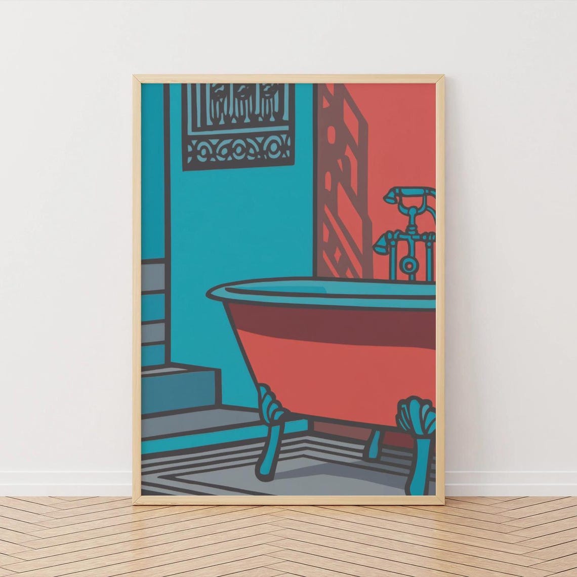 Modern Bath Tub Abstract Pop Art Blue Red Bathroom Decor Poster