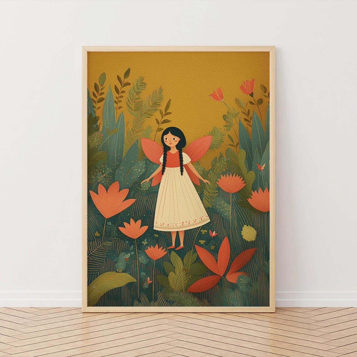 Garden Fairy Girl with Pink Wings Among Orange Flowers Poster
