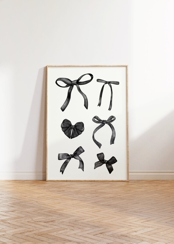 Trendy Black Bow Print Coquette Cute Girly Wall Art Preppy Watercolor Bow Simple Minimalist Poster Ribbon Bow Balletcore