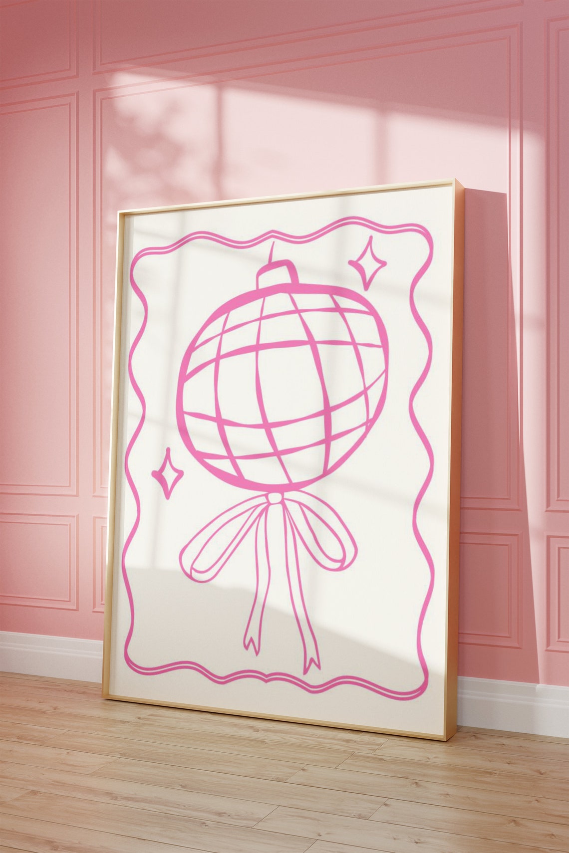 Pink Cute Disco Ball Bow Fine Line Drawing Trendy Girly Wall Art - Image 2