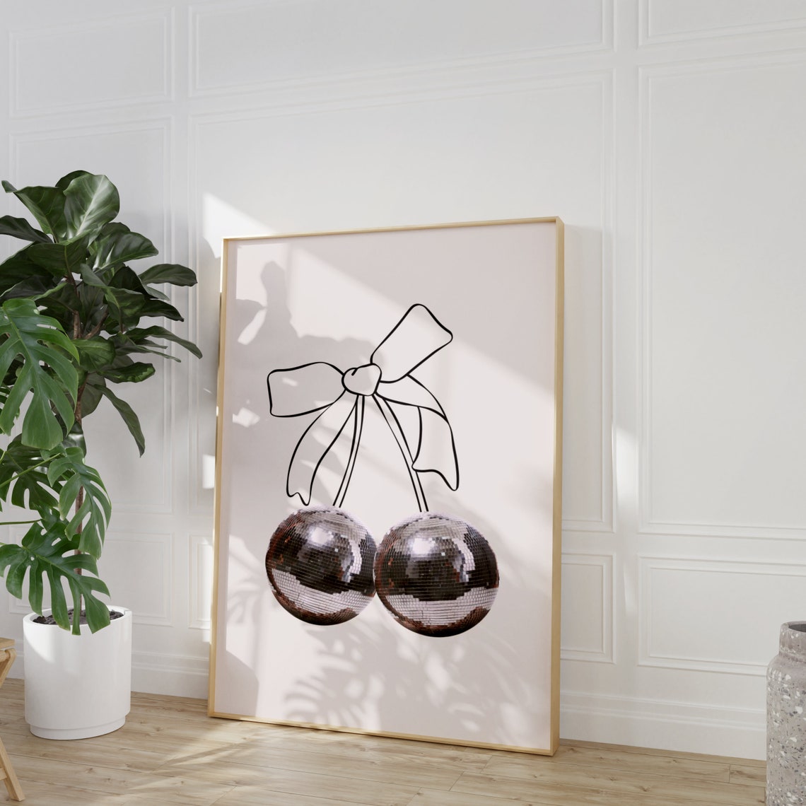 Black Line Art Bow With Silver Disco Ball Cherries Coquette Wall Art - Image 6