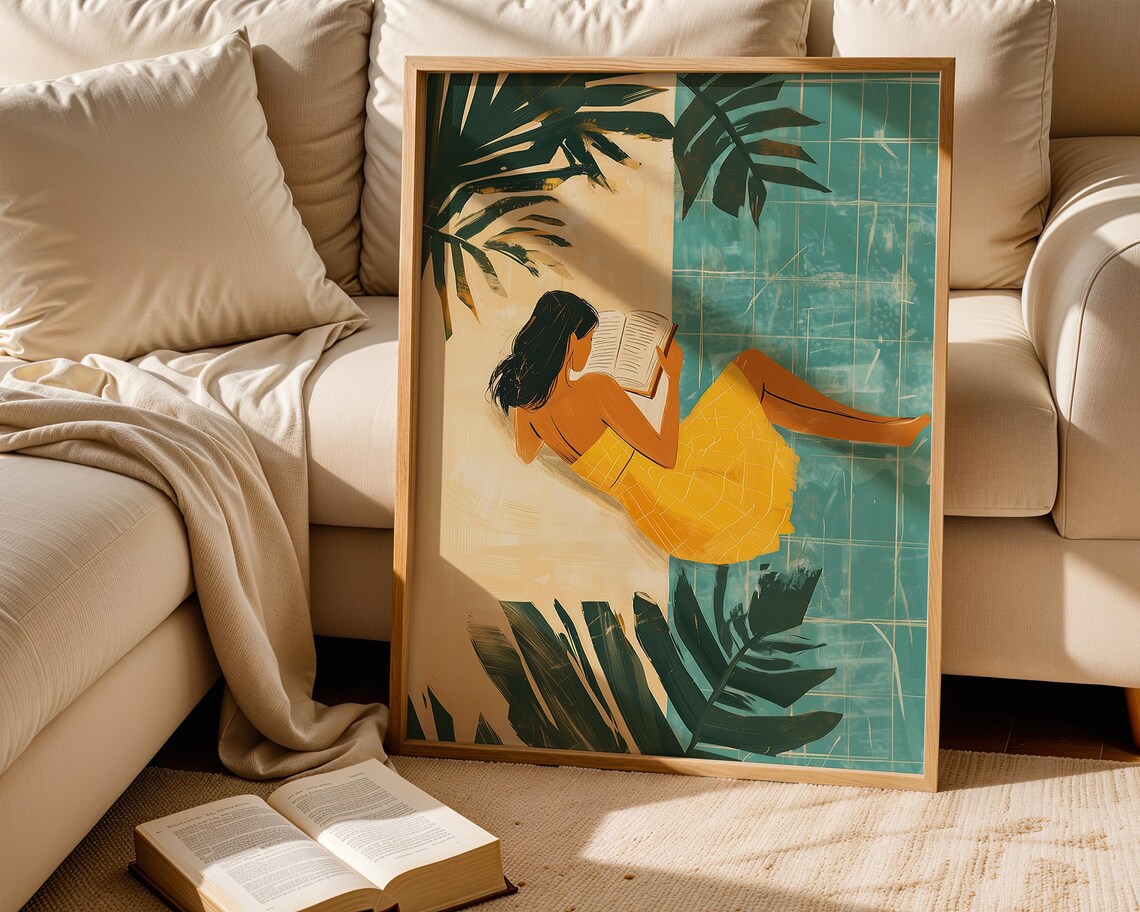 Woman In Yellow Dress Reading By Pool Tropical Palm Leaves Relaxed Summer Art Poster - Image 3