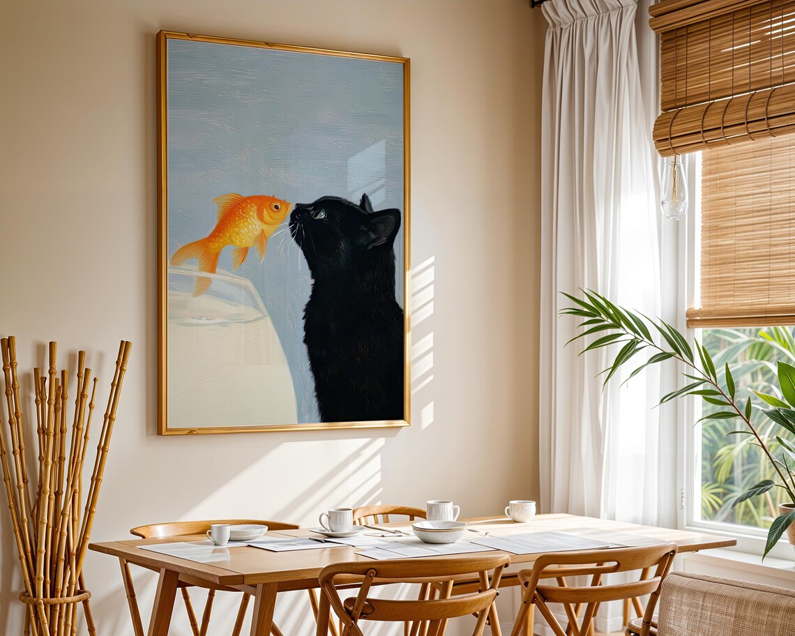 Black Cat Nose To Nose With Goldfish Cute Surreal Blue Background Cat Lover Art Poster - Image 5