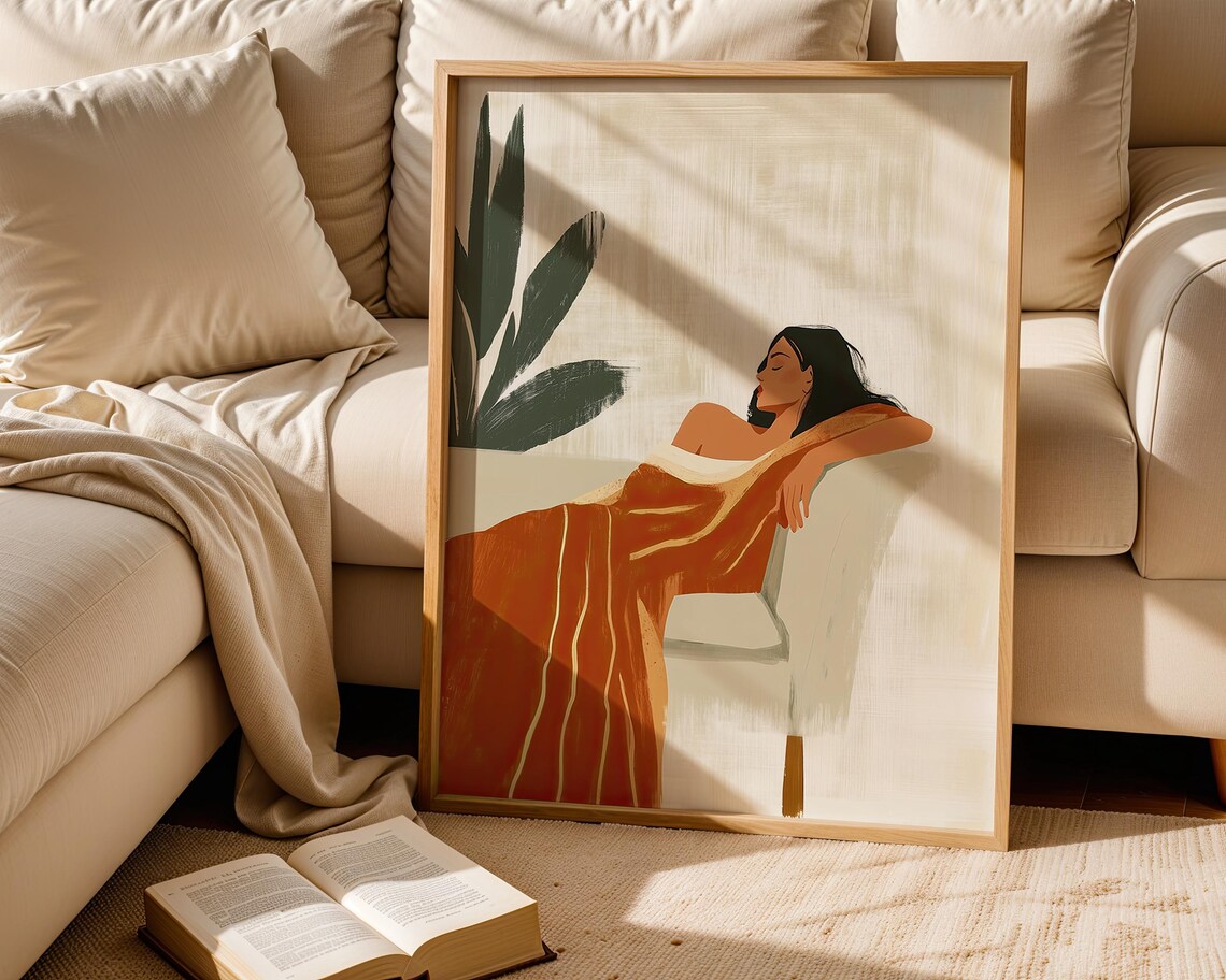 Relaxing Woman Draped in Rust Red Blanket Minimalist Lounge Poster - Image 2