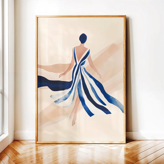 Abstract Wall Art Elegant Woman Print Modern Blue Stripe Dress Painting Minimalist Artwork Stylish Decor Fashion Hobo Home Wall Decor