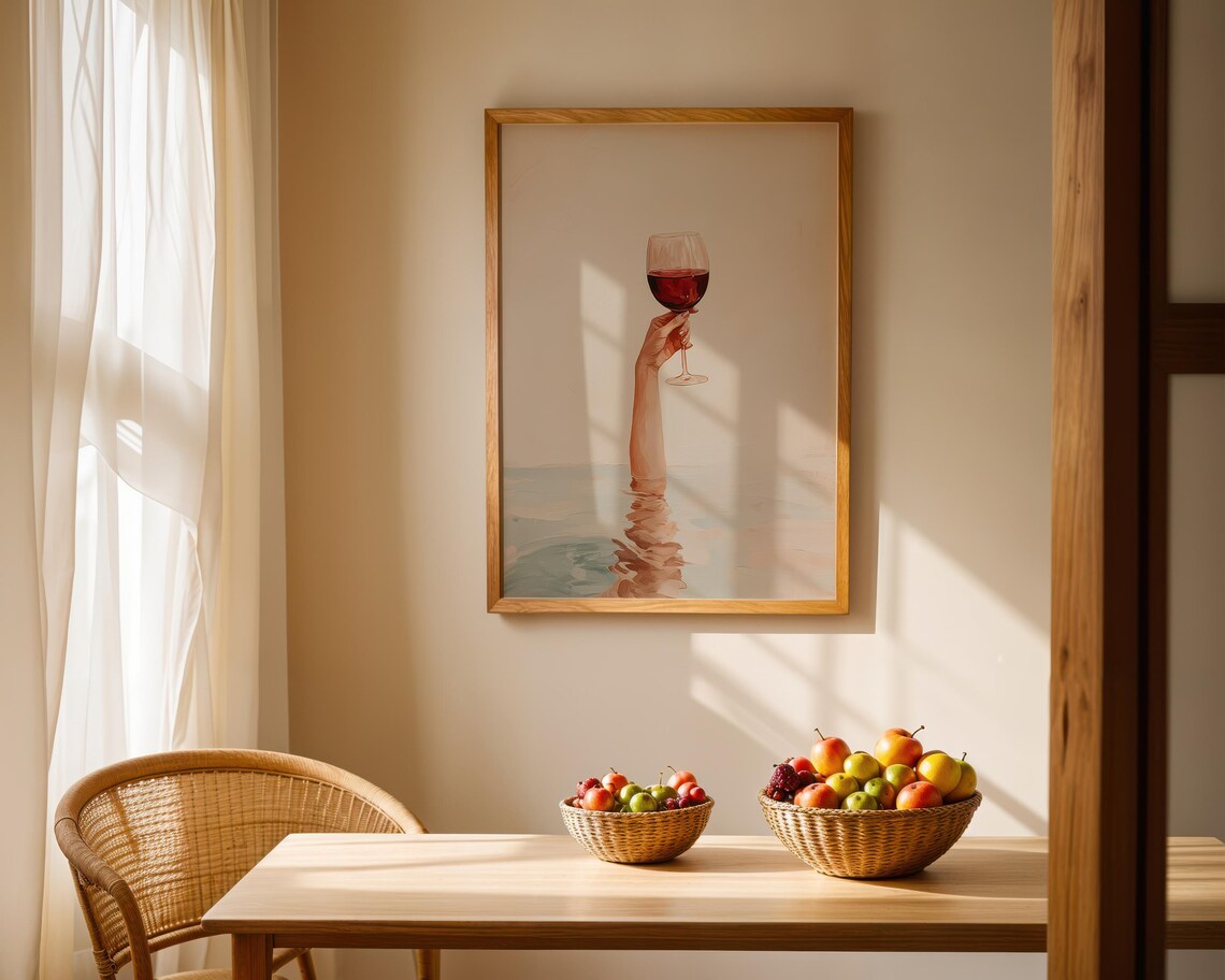 Hand Holding Red Wine Glass Rising from Calm Water Art Poster - Image 4