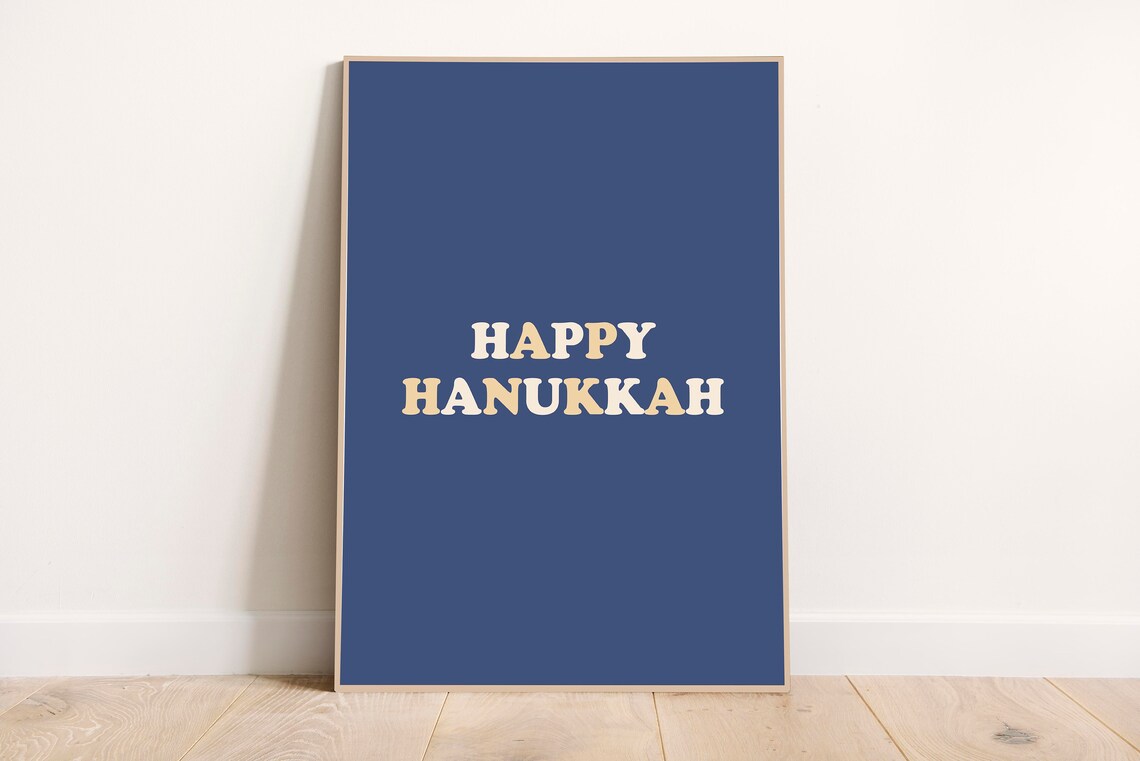 Happy Hanukkah Retro Cream Lettering on Navy Blue Holiday Poster