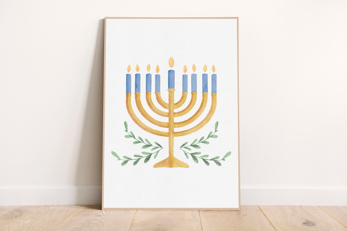 Watercolor Menorah with Blue Candles Gold Hanukkah Festival Poster