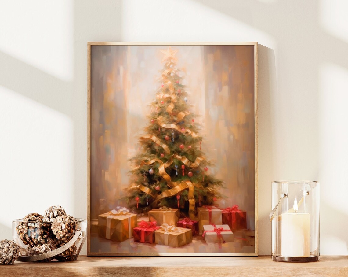 Vintage Christmas Tree Golden Ribbon Gifts Cozy Oil Painting Print - Image 2