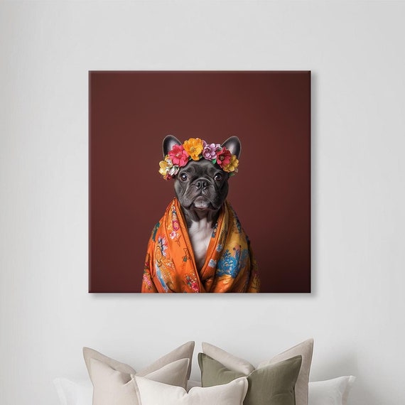 Maximalist Eclectic Fashionista Frenchie Print Bold Altered Animal Portrait Fantasy Fun Colorful Flowery Vintage Floral Art