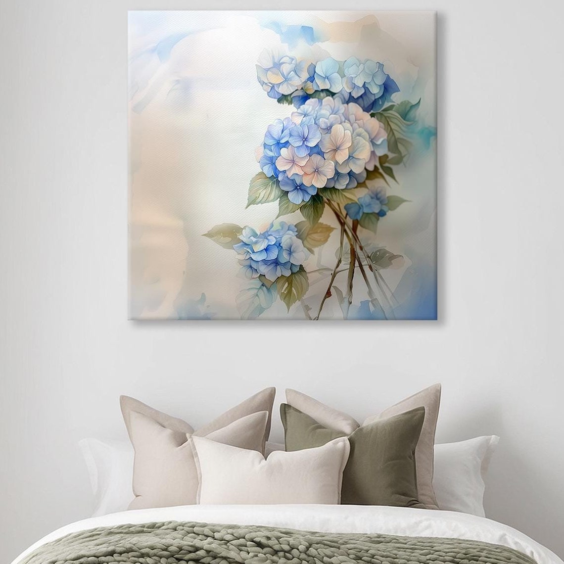 Blue Hydrangea Watercolor Pastel Blossoms Soft Floral Wall Art