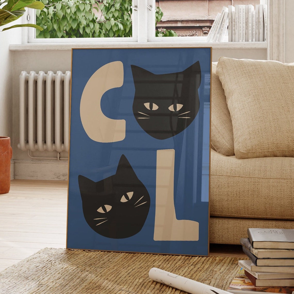 Cool Black Cat Faces Graphic Typography Fun Retro Feline Poster