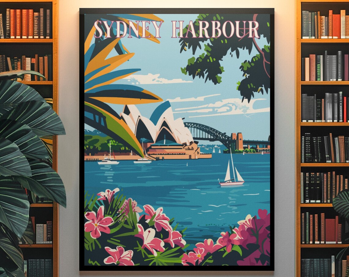 Sydney Harbour Opera House Bridge Sailboats Vintage Travel Poster