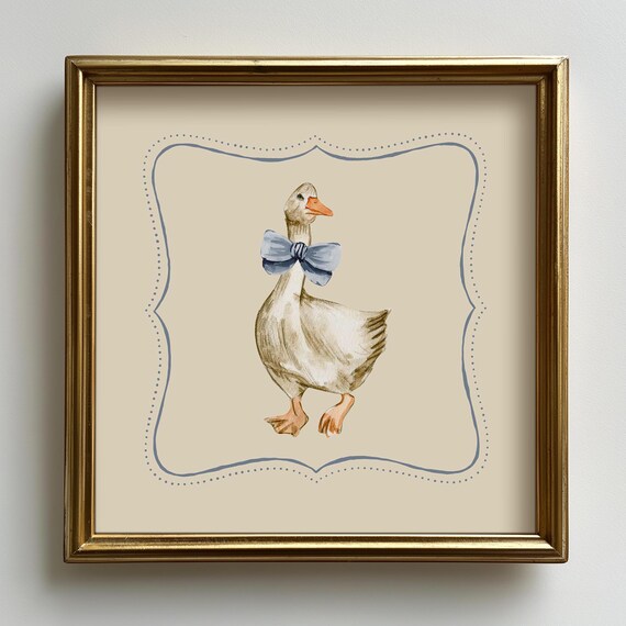 Watercolor Goose With Blue Bow Wall Art Vintage Nursery Animal Decor