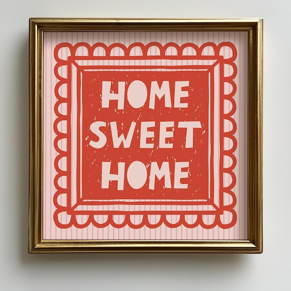 Home Sweet Home Red Scallop Border Modern Typography Wall Art