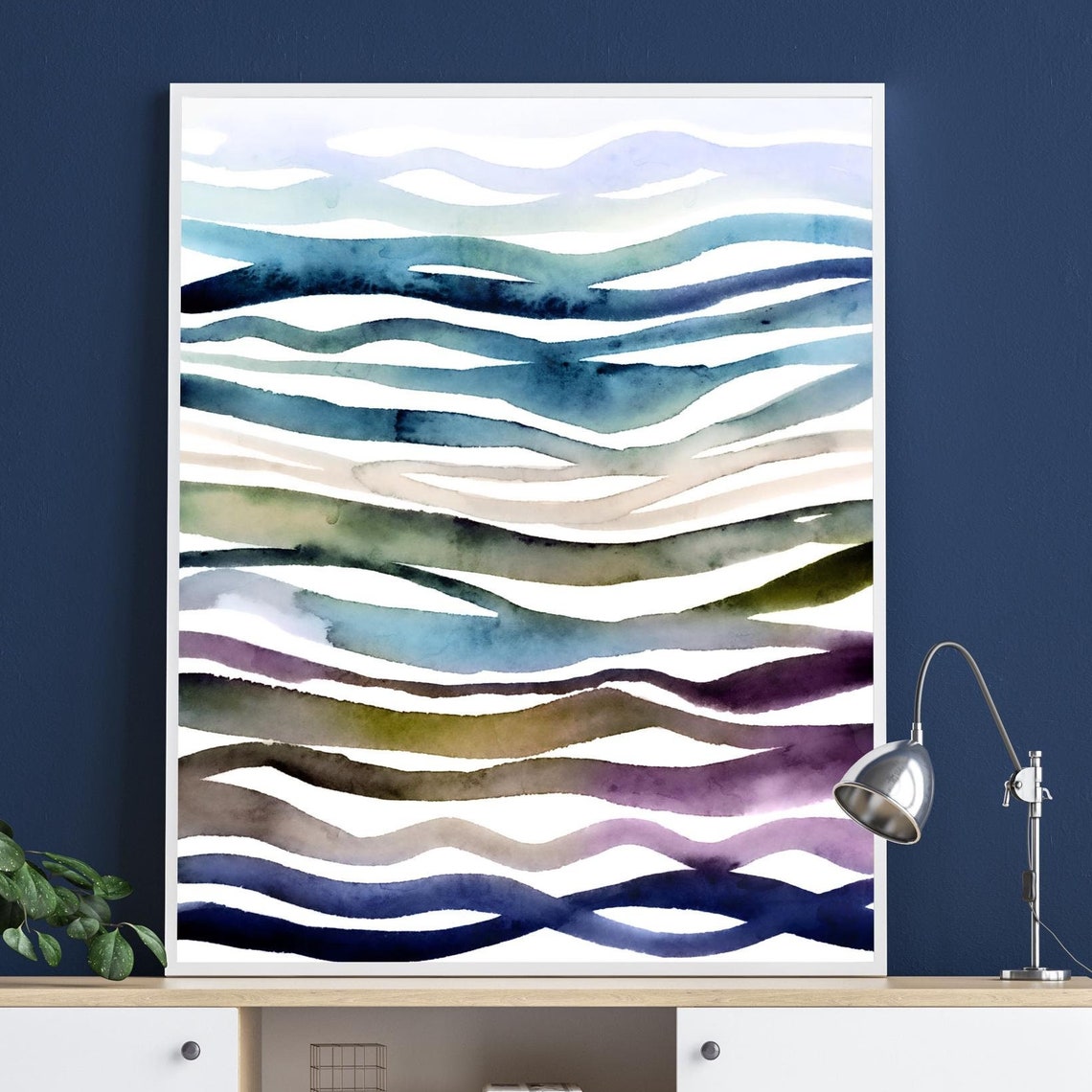 Watercolor Abstract Wavy Stripes Blue Green Coastal Art Print