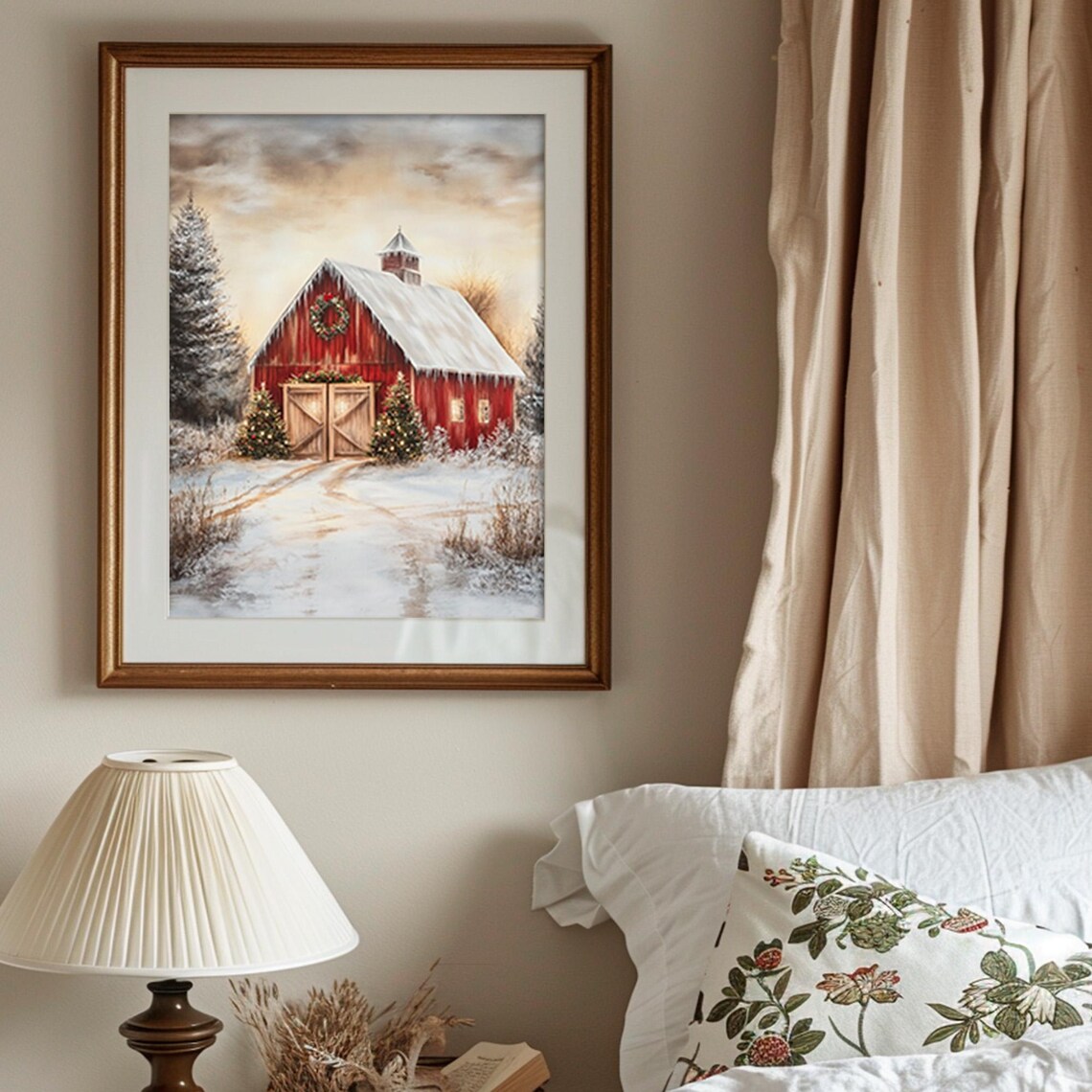 Red Barn Snowy Christmas Farmhouse Winter Wonderland Art Print - Image 3