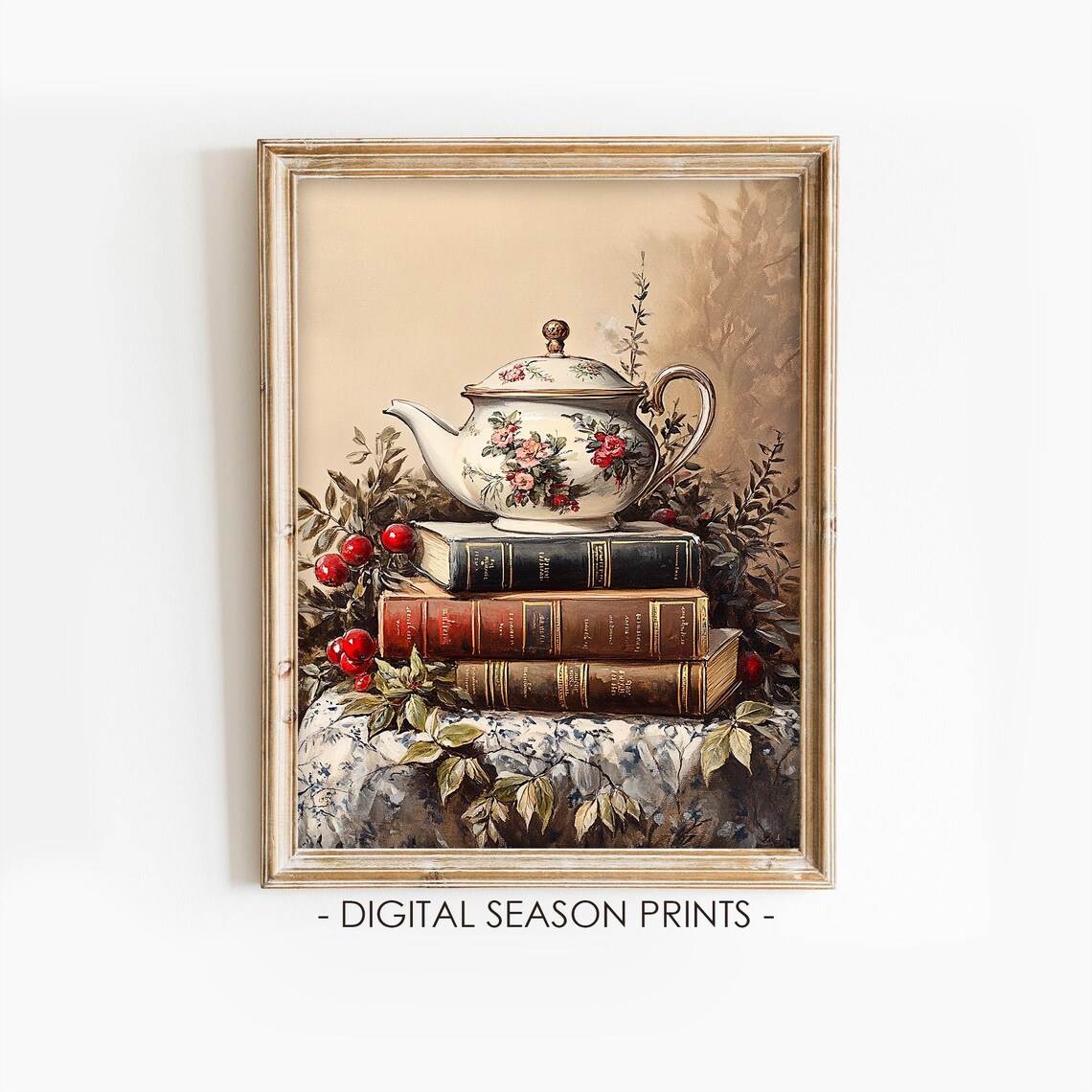 Floral Teapot on Old Books Red Berries Vintage Cozy Autumn Print