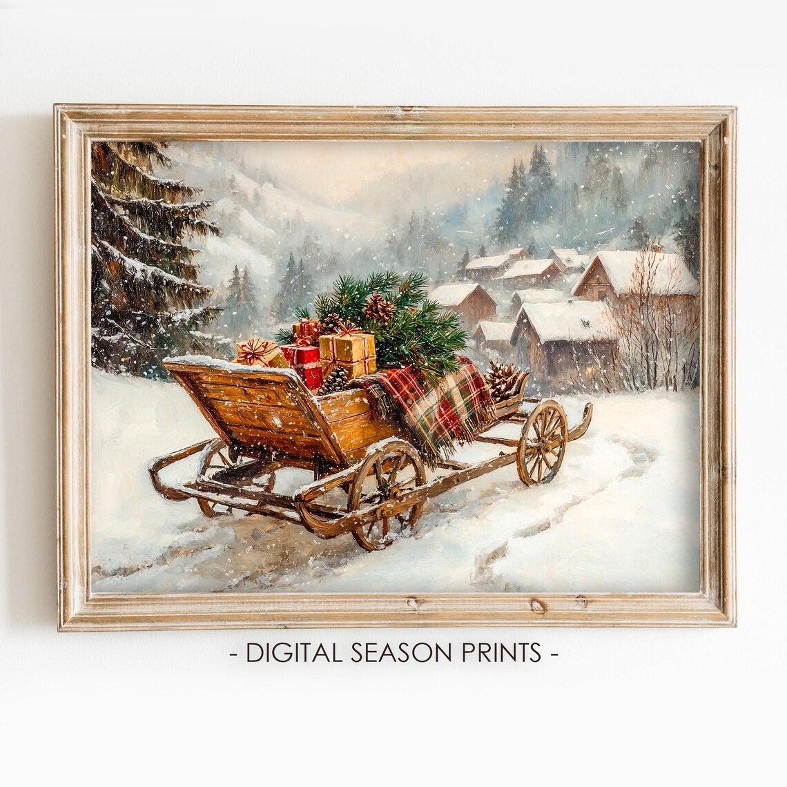 Vintage Wooden Sleigh With Christmas Gifts Snowy Village Scene Print
