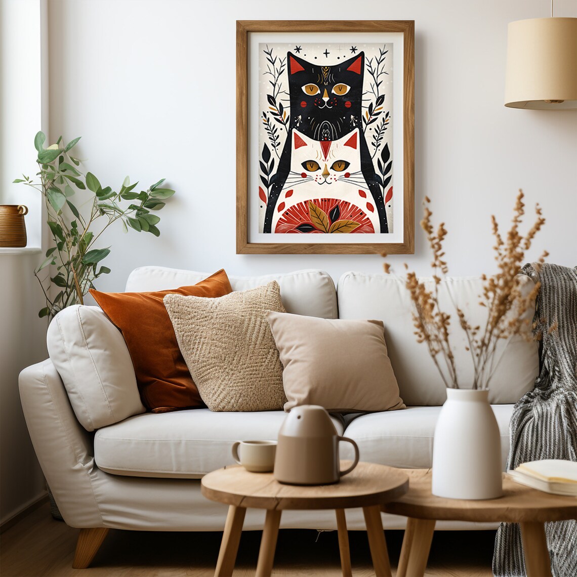 Scandinavian Folk Art Cats Black And White With Red Accents Poster - Image 5