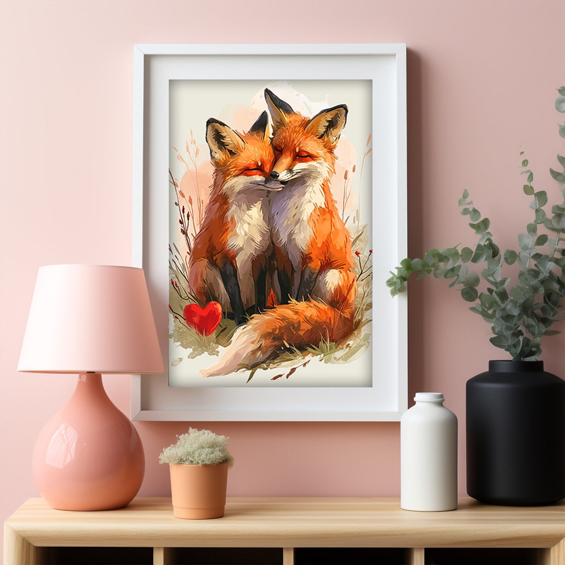 Two Foxes Nuzzling with a Red Heart Valentines Day Watercolor Poster - Image 5