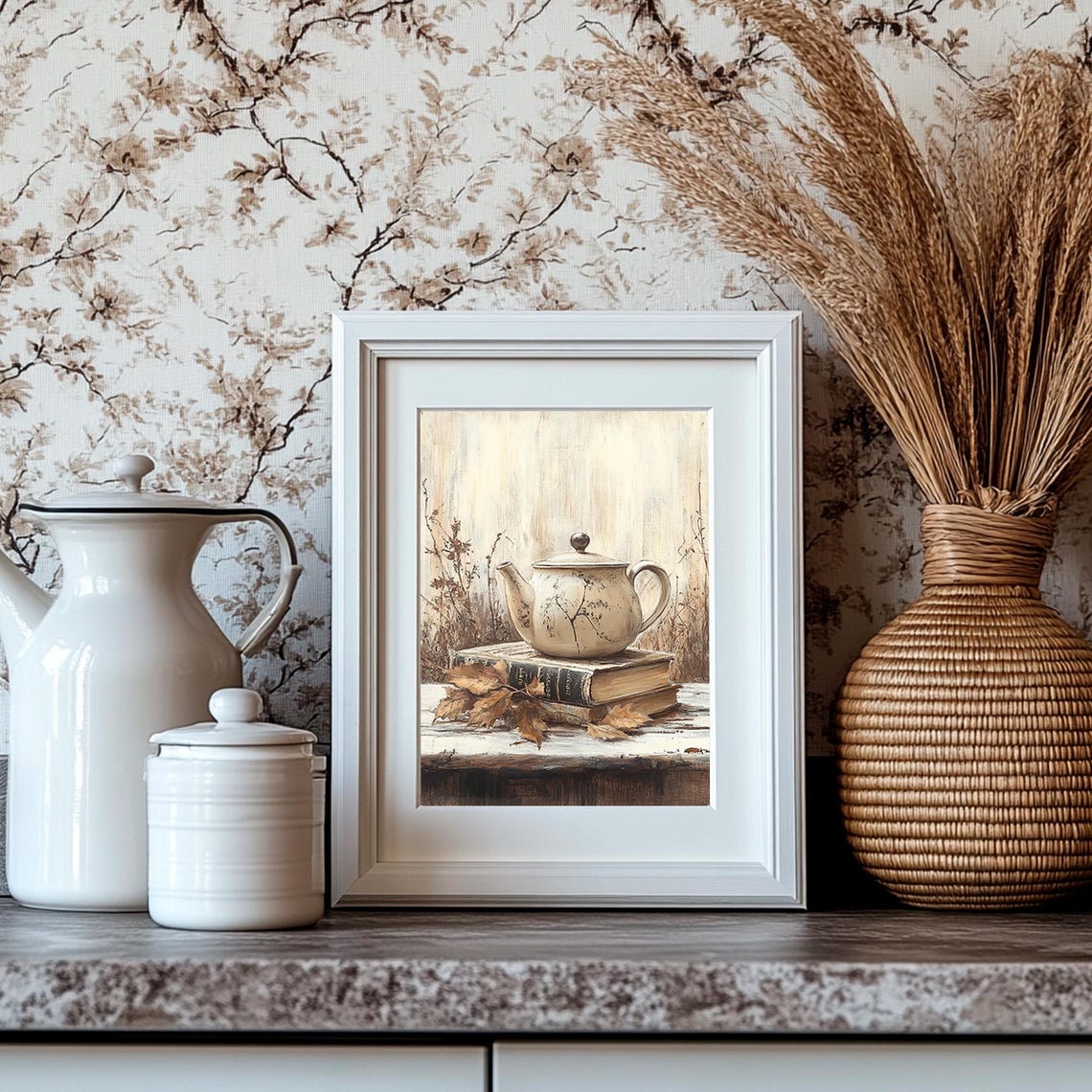 Rustic Teapot on Old Books with Dried Leaves Neutral Wall Art - Image 4