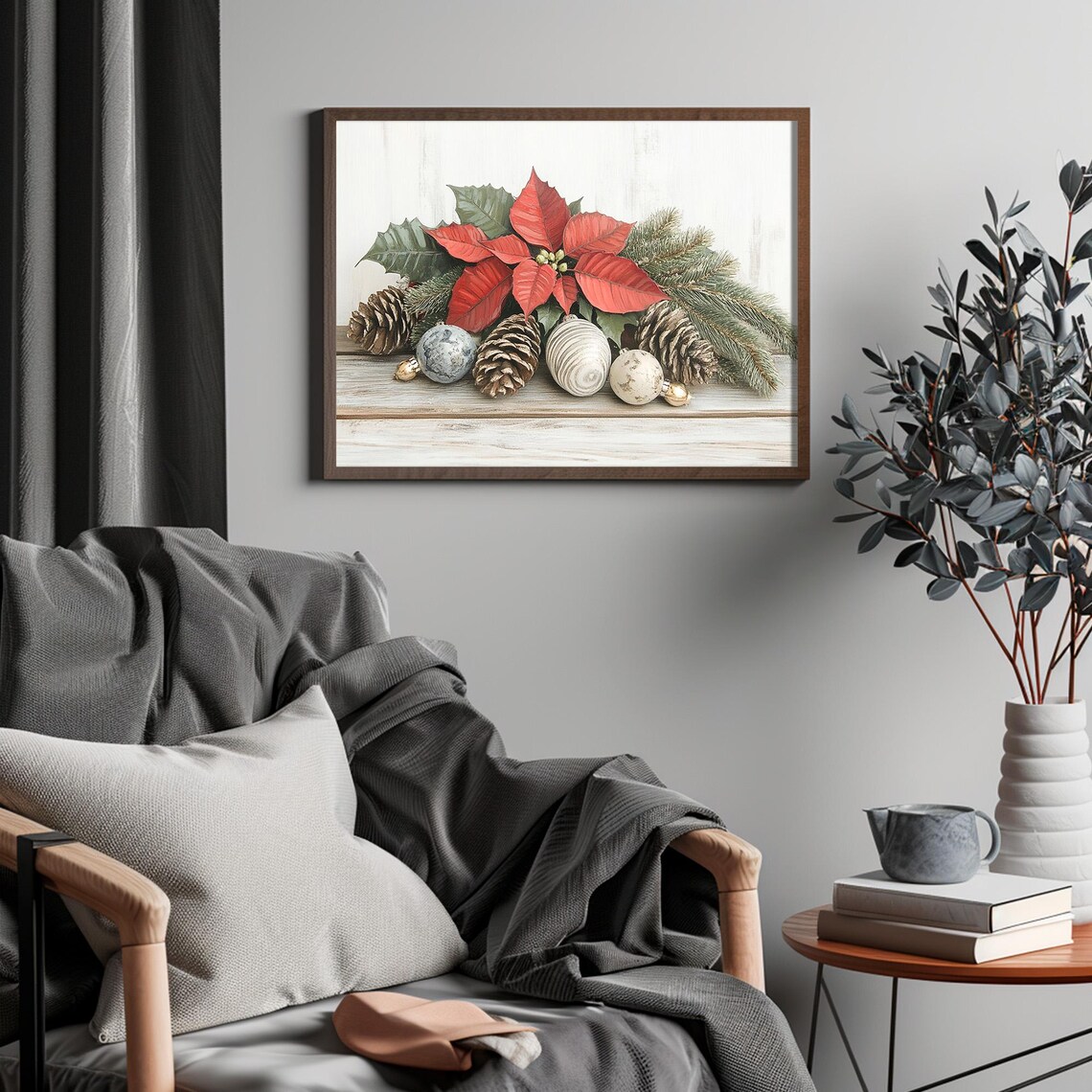 Red Poinsettia Christmas Floral Pinecones Vintage Holiday Poster - Image 4