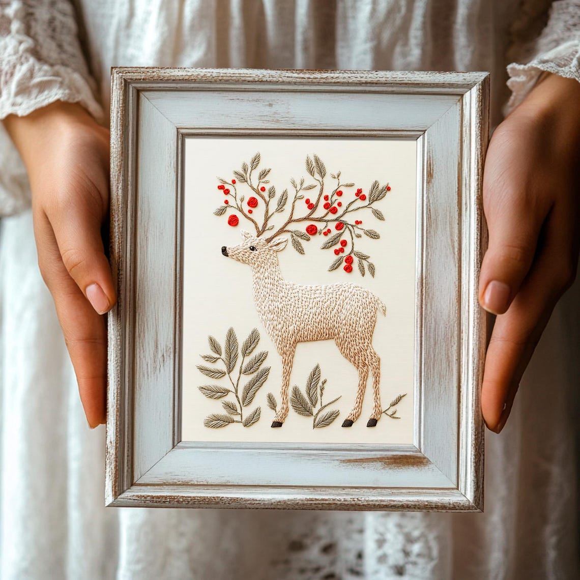 Embroidered White Deer Berry Antlers Winter Folk Textured Art Poster - Image 3
