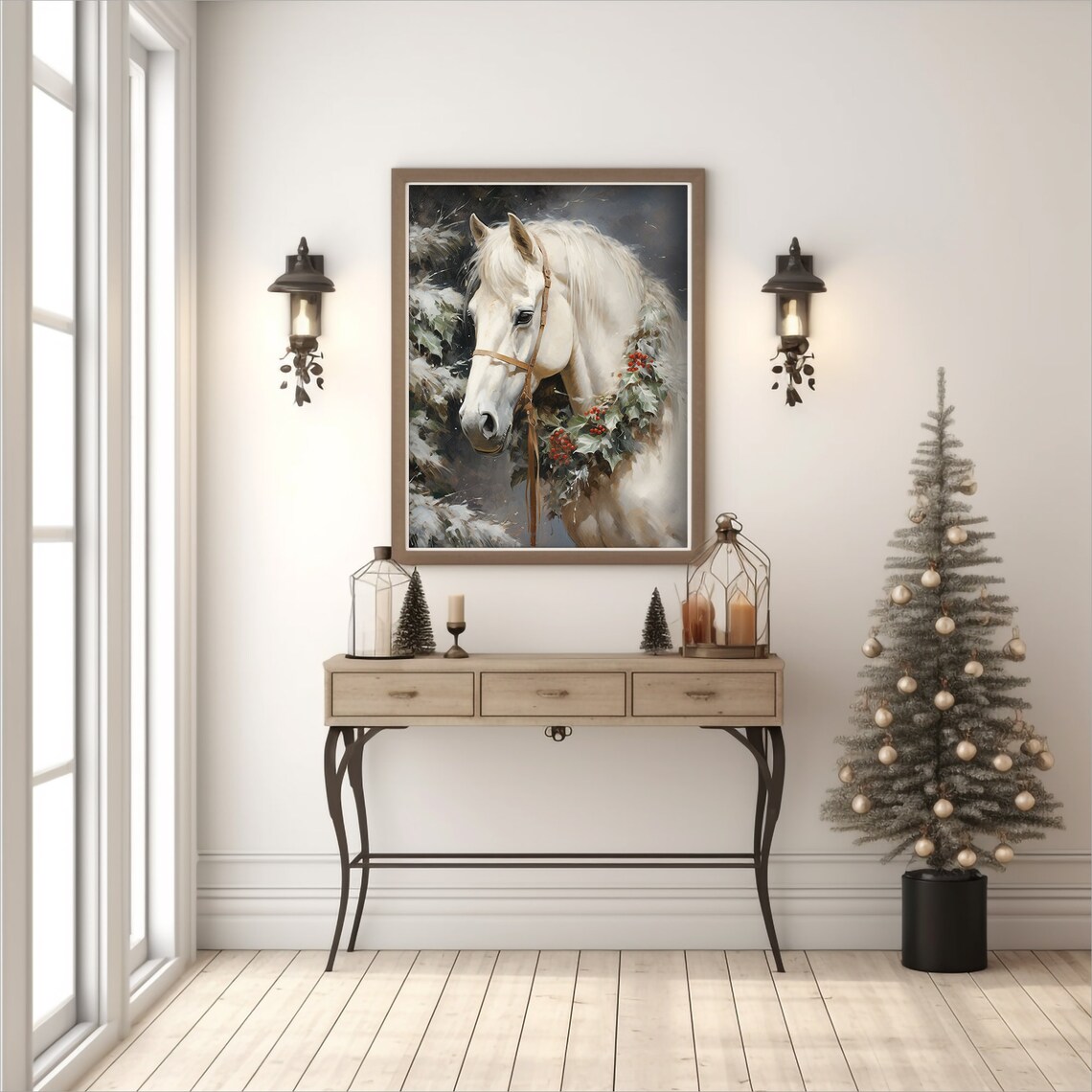 White Christmas Horse Wearing Holly Berry Wreath Winter Poster - Image 4