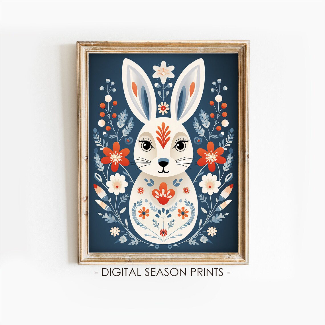 Scandinavian Folk Art Bunny Rabbit Floral Navy Woodland Art Print