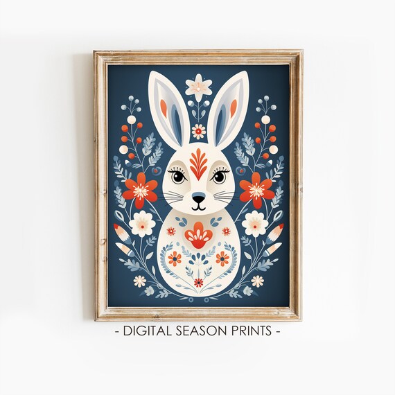 Scandinavian Folk Art Bunny Rabbit Floral Navy Woodland Art Print