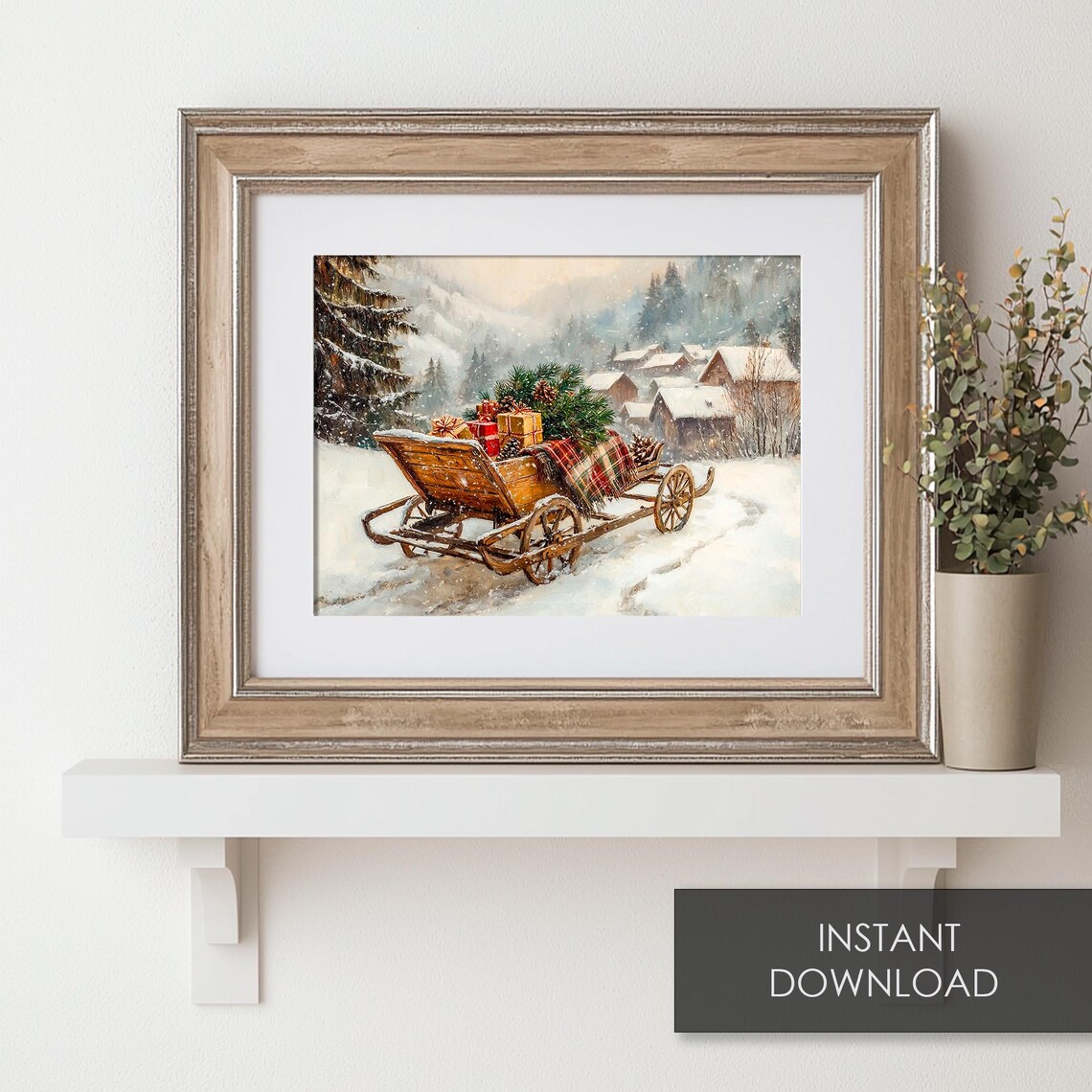 Vintage Wooden Sleigh With Christmas Gifts Snowy Village Scene Print - Image 6