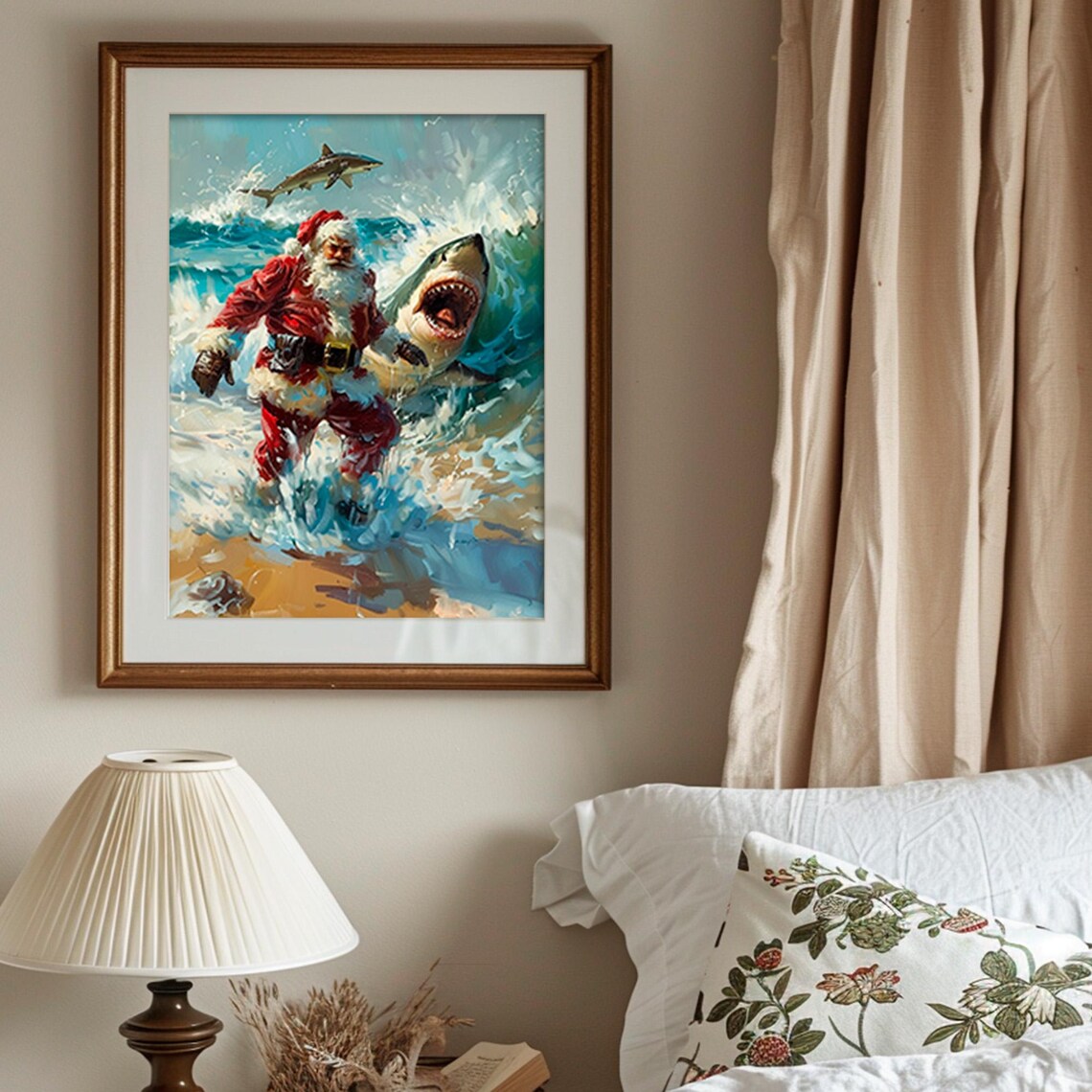 Funny Santa Running From Sharks Tropical Beach Christmas Print - Image 5