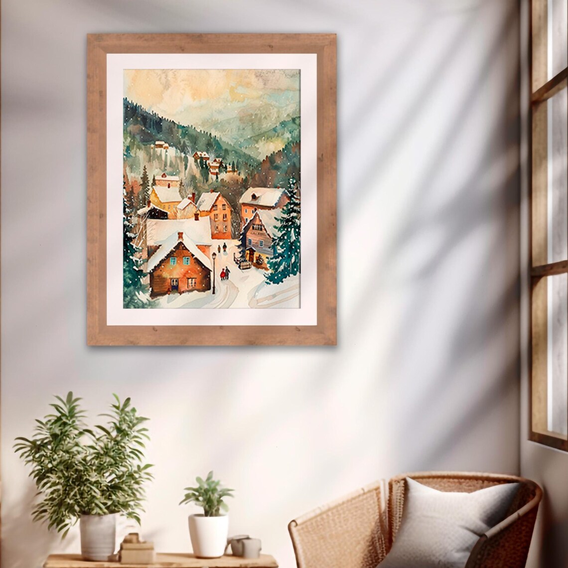 Snowy Christmas Village Watercolor Warm Houses Holiday Wall Art - Image 2