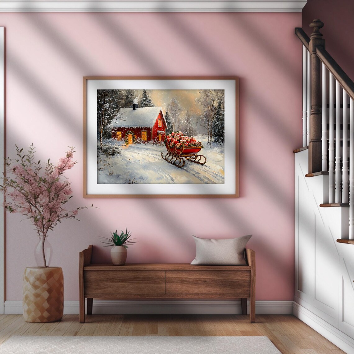 Santas Sleigh Full of Gifts by Red Cabin Snow Vintage Christmas Poster - Image 2