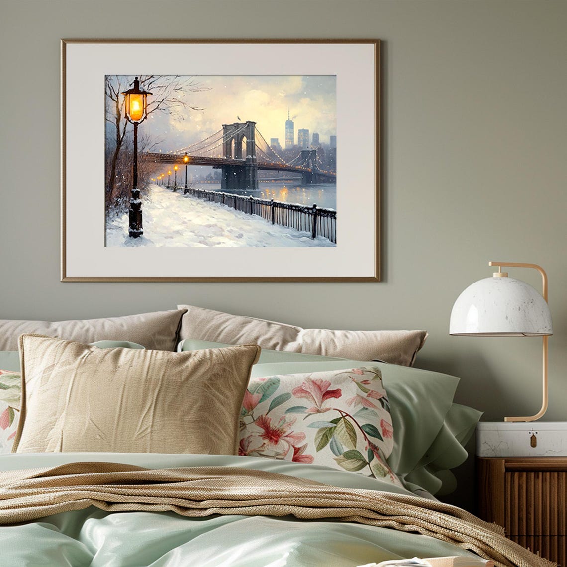 Brooklyn Bridge Dusk Lampposts Snowy Promenade Evening Poster - Image 3