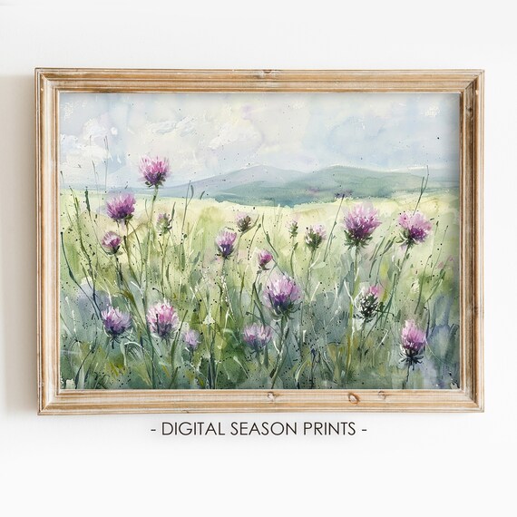 Scotland Purple Thistle Meadow Wildflower Watercolor Landscape Poster