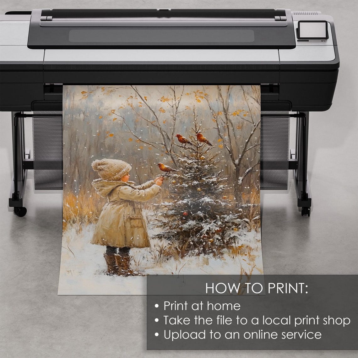 Child Feeding Red Birds Snowy Pine Winter Holiday Art Poster - Image 5