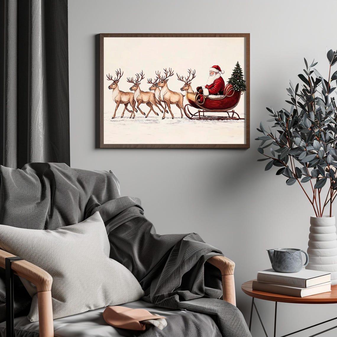 Santa Claus In Sleigh Pulled By Five Reindeer Christmas Eve Poster - Image 4