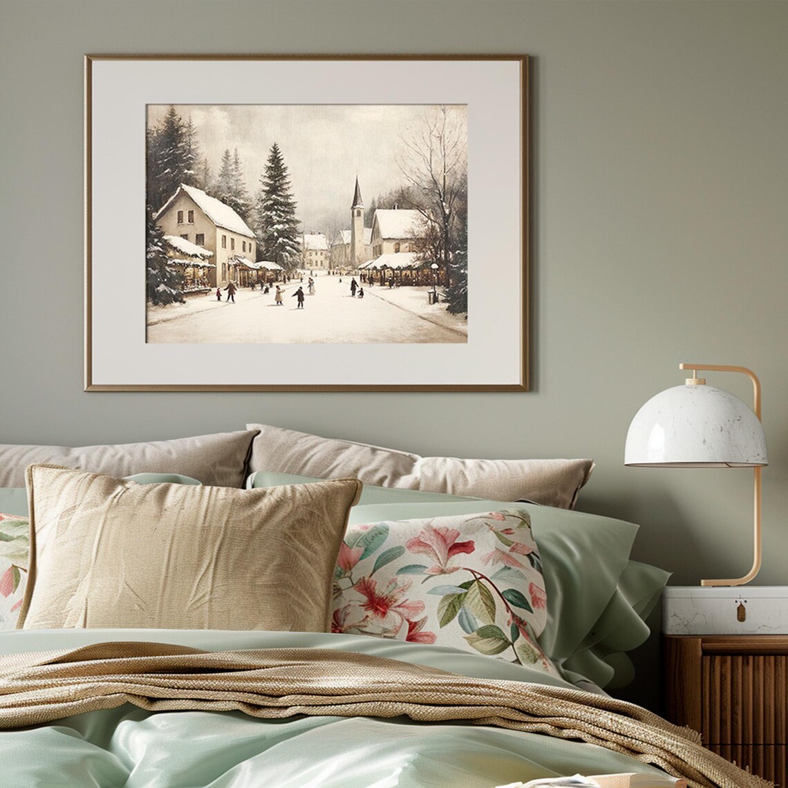Vintage Village Street Ice Skaters Snowy Church Scene Poster - Image 3