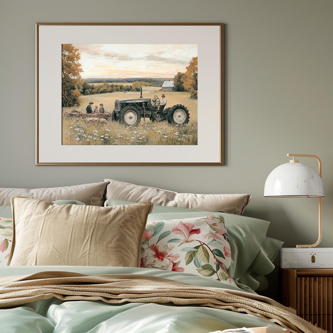 Vintage Green Tractor with Farmers in Golden Field at Dusk Print - Image 4