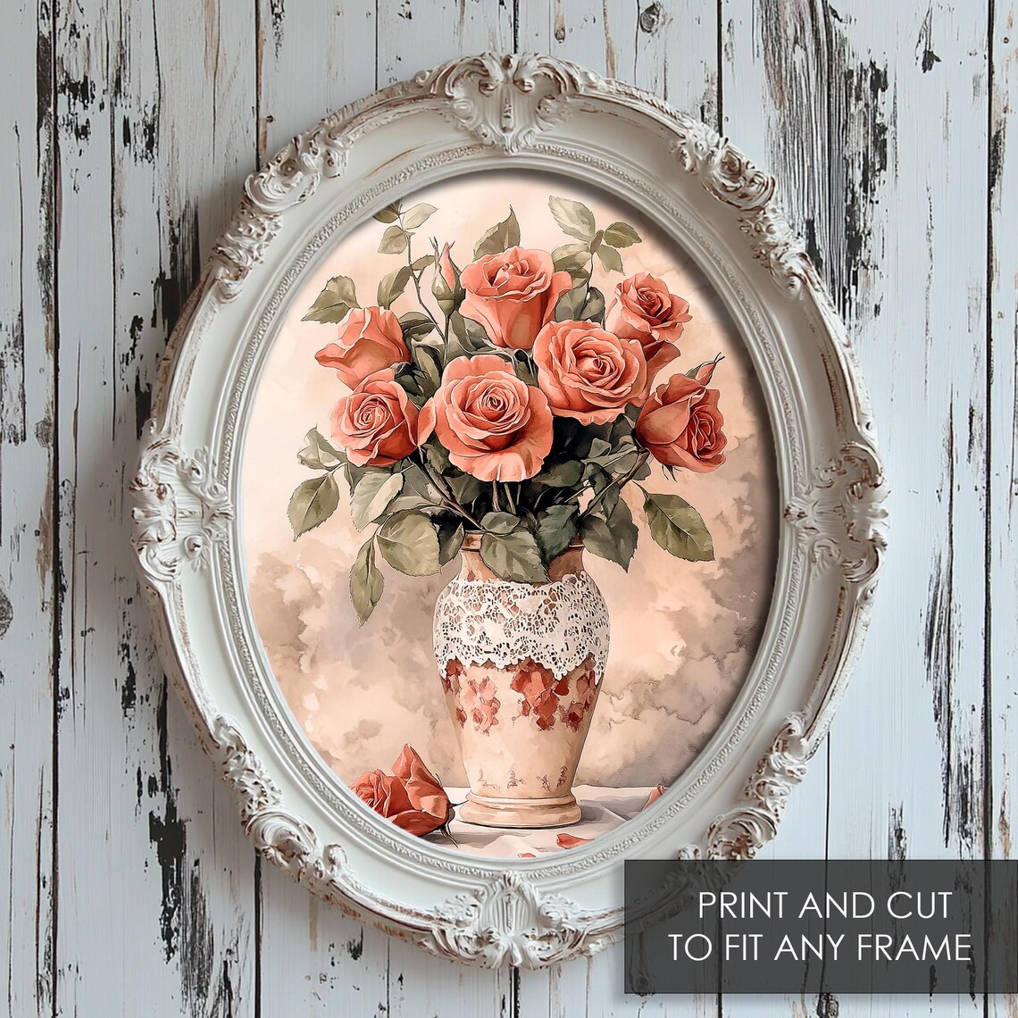 Coral Roses Lace Vase Vintage Floral Bouquet Still Life Art Print - Image 5