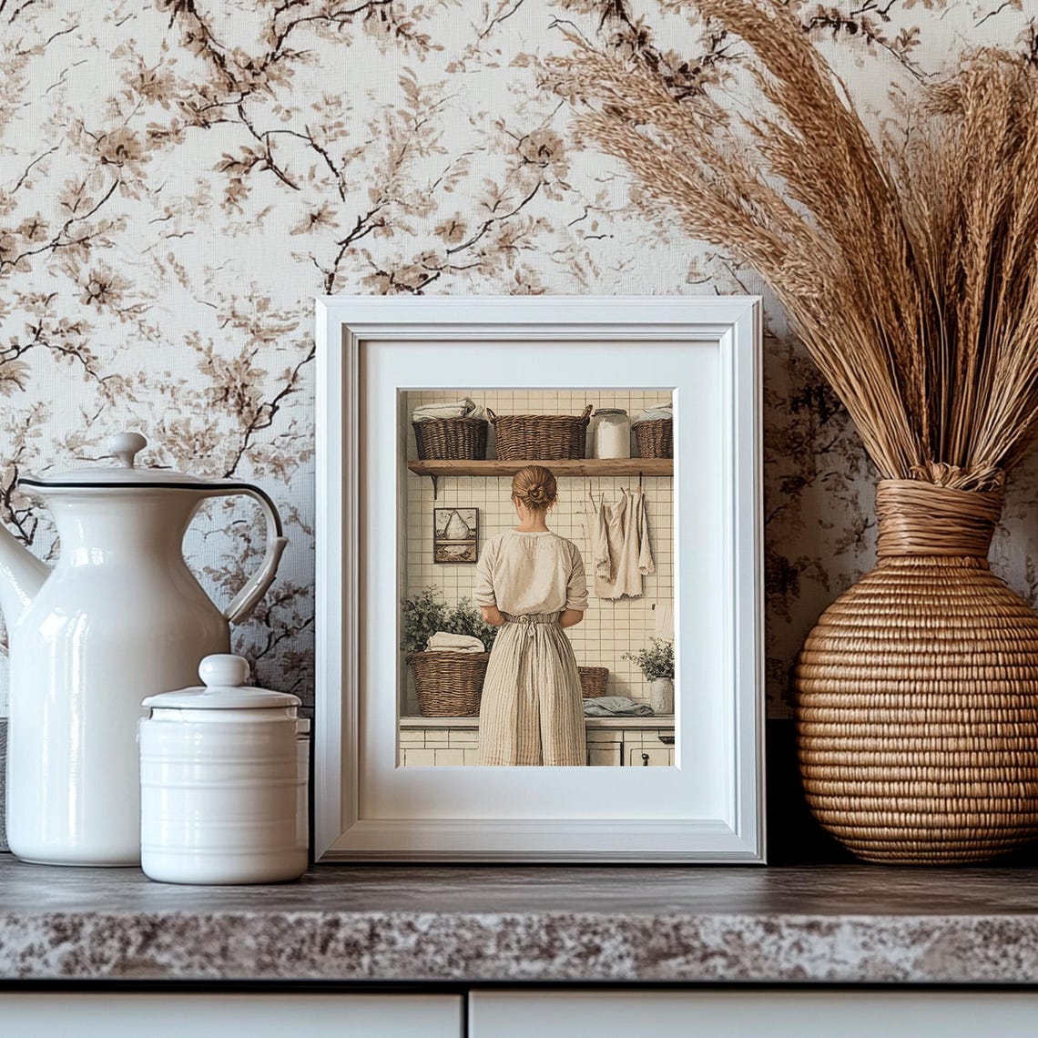 Woman in Vintage Laundry Room Baskets White Tile Back View Poster - Image 4