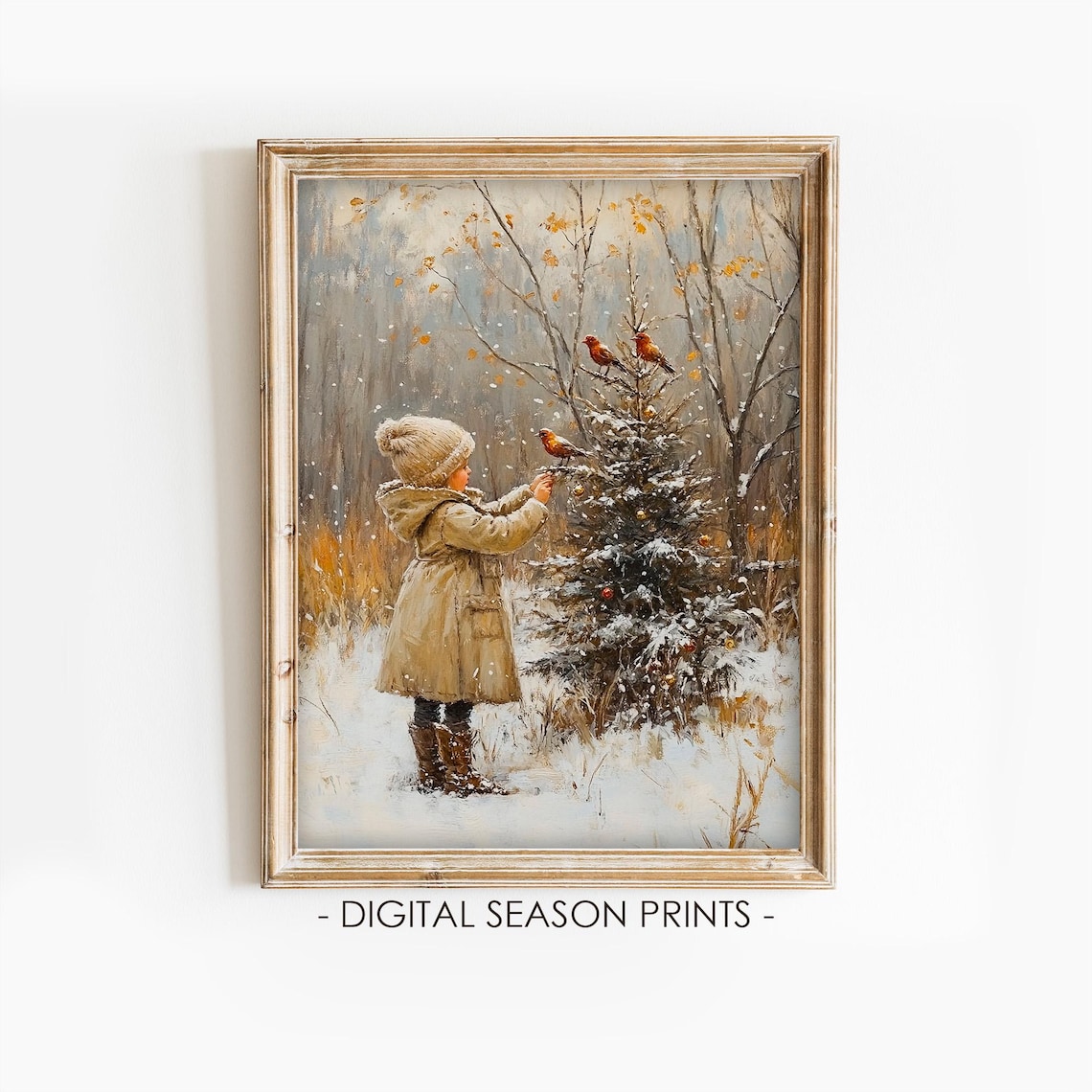 Child Feeding Red Birds Snowy Pine Winter Holiday Art Poster
