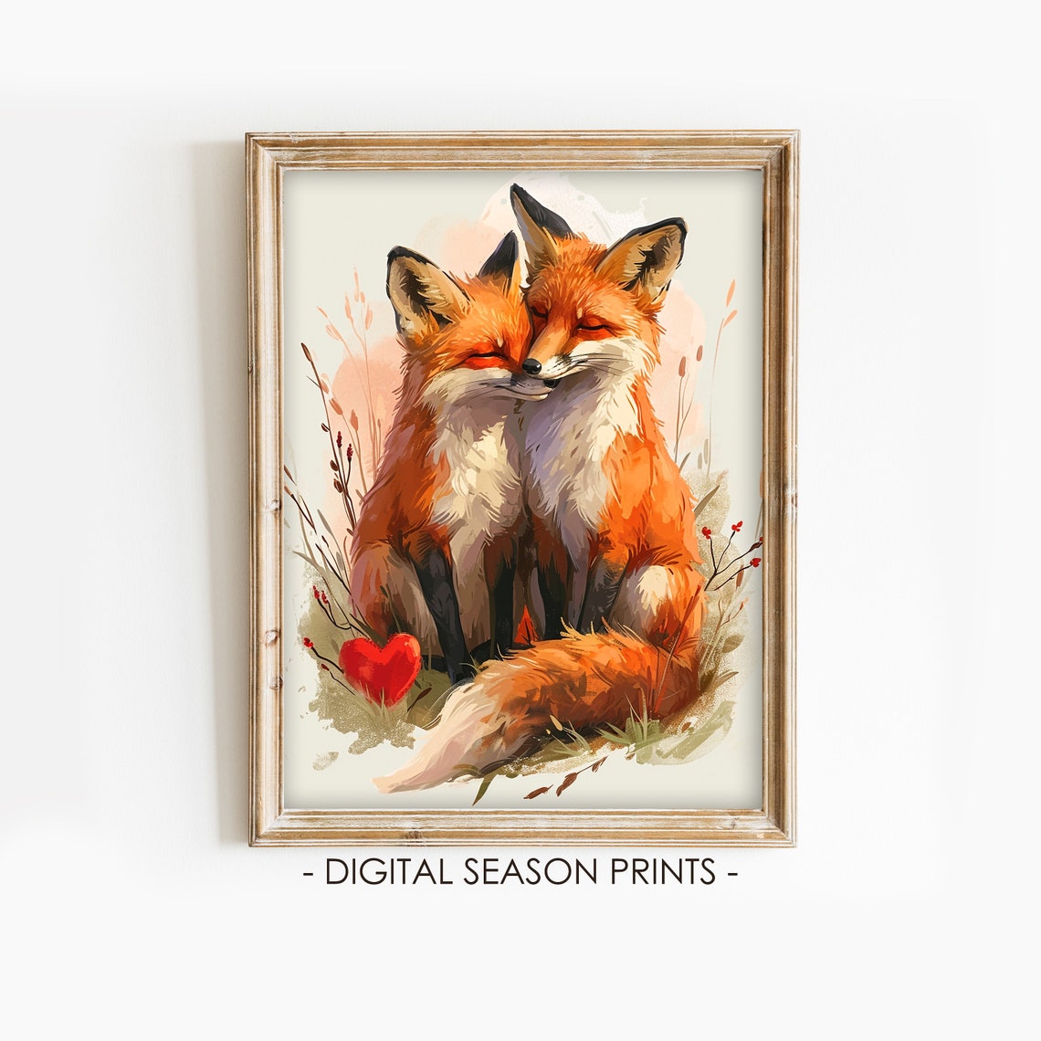 Two Foxes Nuzzling with a Red Heart Valentines Day Watercolor Poster