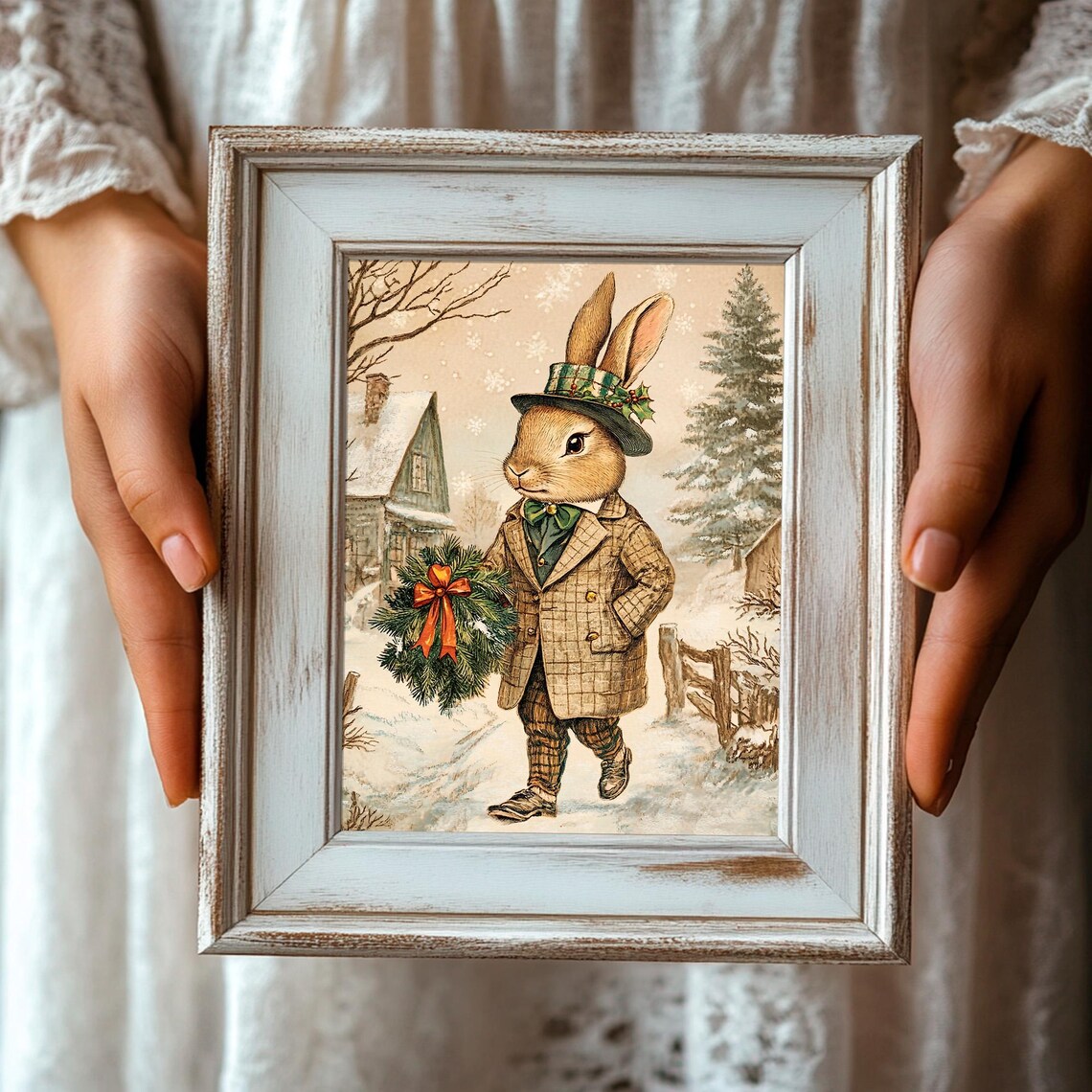 Dapper Christmas Bunny With Wreath In Snowy Village Scene Poster - Image 3